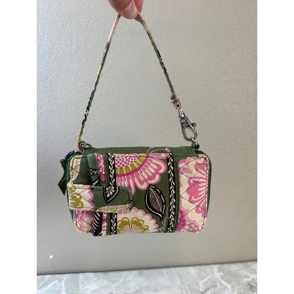 Vera Bradley All In One Crossbody Wallet Wristlet Green Pink Floral Quilted - Picture 7 of 8